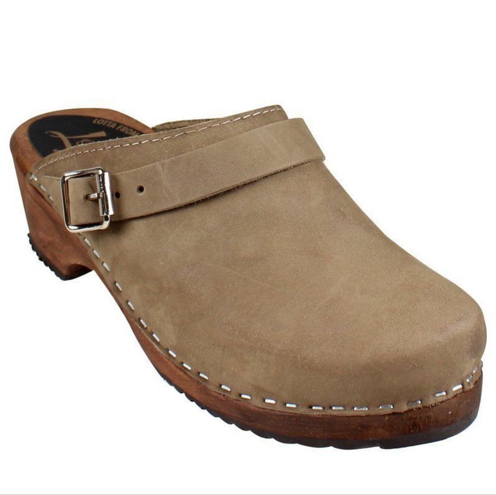 Taupe Leather and Wood Clogs